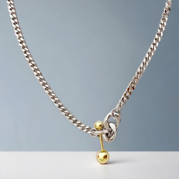 🆕️ Two Tone 18K Gold Plated Link Chain Gold Ball Bar Necklace - Picture 1 of 6